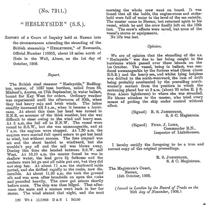 SS Hesleyside 5 Report (Abaco Palms)