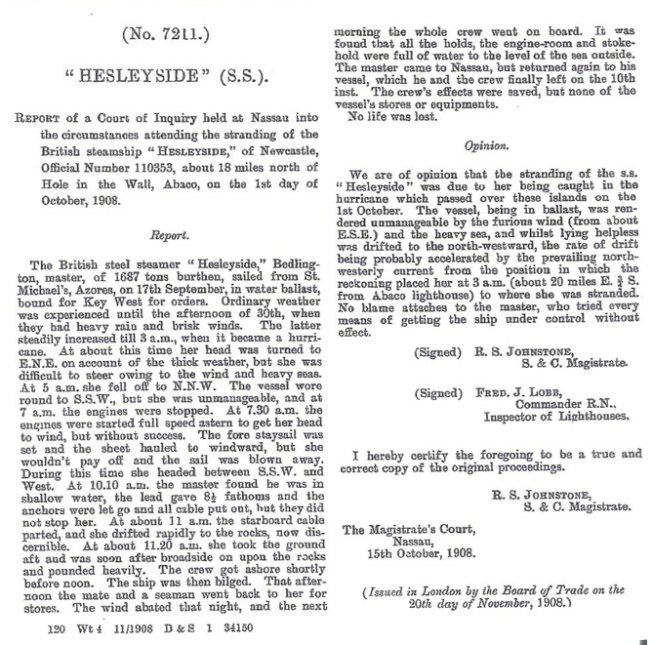 SS Hesleyside 5 Report (Abaco Palms)