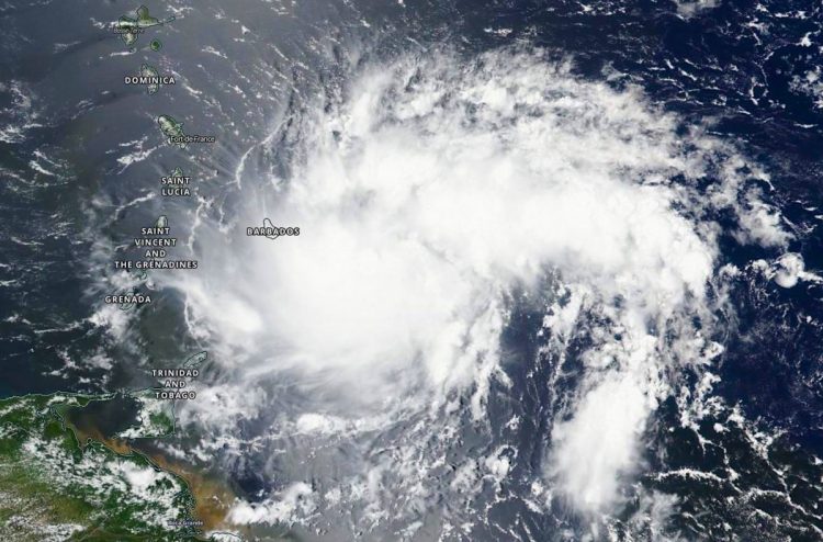 Tropical Storm Dorian . Aug 27 . Cloud formation. Aerial view. NOAA NHC NASA